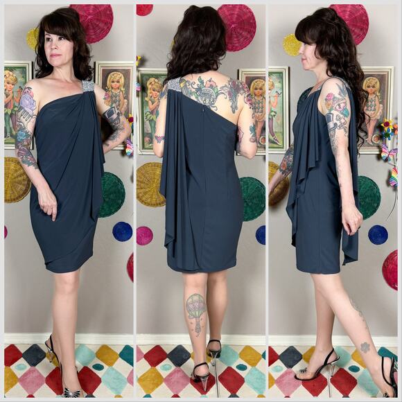 Vintage Y2K Caché Grey One Shoulder Grecian Drape Minidress - Picture 3 of 8